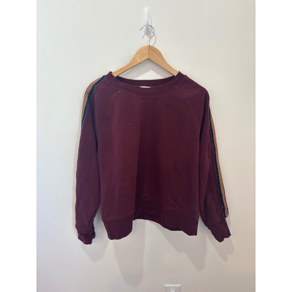 Evereve‎ Burgundy Raglan Sweatshirt Velvet Sleeve Stripe Crew Neck Maroon Large